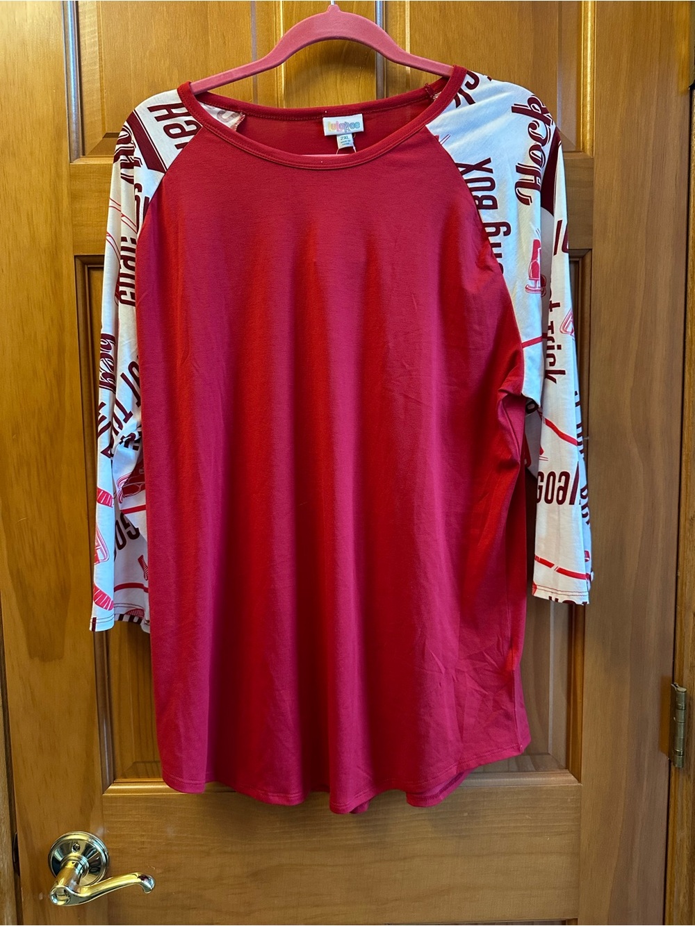 LuLaRoe Red Randy Baseball Top Hockey Sleeve Print